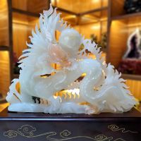 Tượng Rồng Phong Thủy " Phun châu nhã ngọc " bạch ngọc thiên nhiên - RCT202