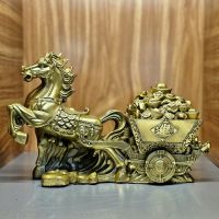 Tượng ngựa kéo xe vàng phong thủy bằng đồng dài 26cm - NKX549